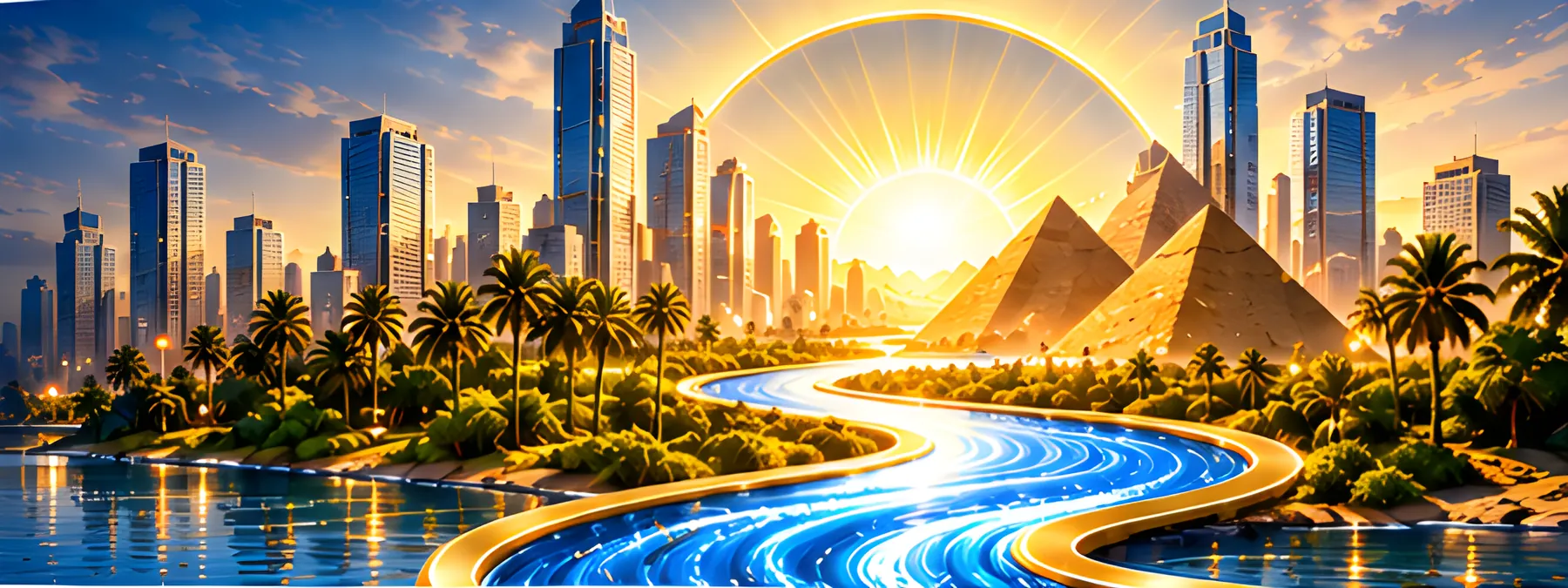 Golden skyline, pyramids and a winding river at sunrise