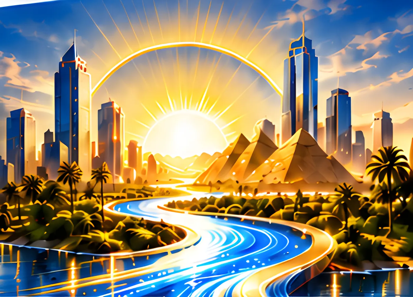 Golden city skyline and pyramids under a sunrise arc beside a winding river