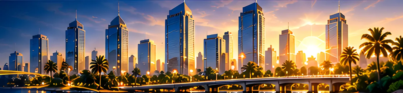 City skyline and waterfront at golden hour