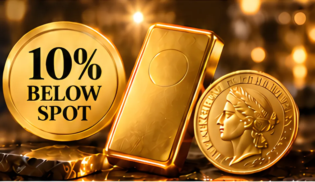Gold bullion bar and gold coin beside a 10% below spot medallion